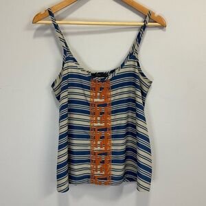 THML Blue and Cream Striped Embroidered Sleeveless Blouse
